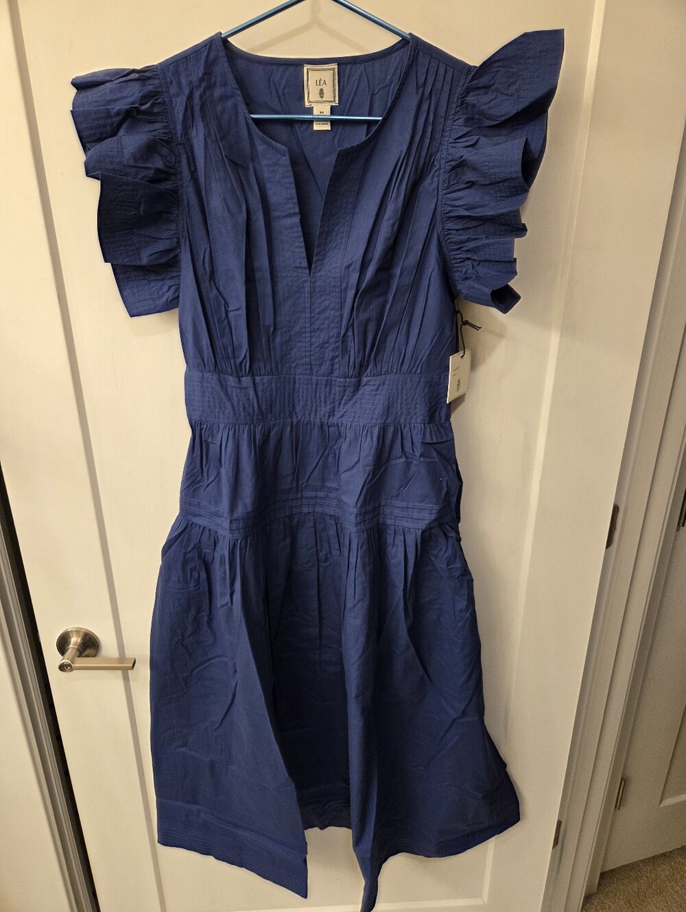 NWT - LEA Cotton Poplin Flutter Sleeve Split Neck Smocked Back Midi Dress-Size M - Picture 7 of 14